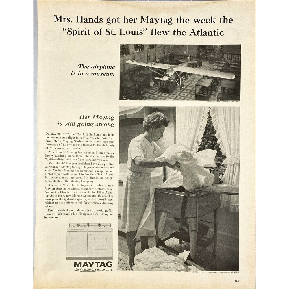 Maytag Washing Machine Purchased same week "Spirit of St Louis Flew" Vtg Ad 1963